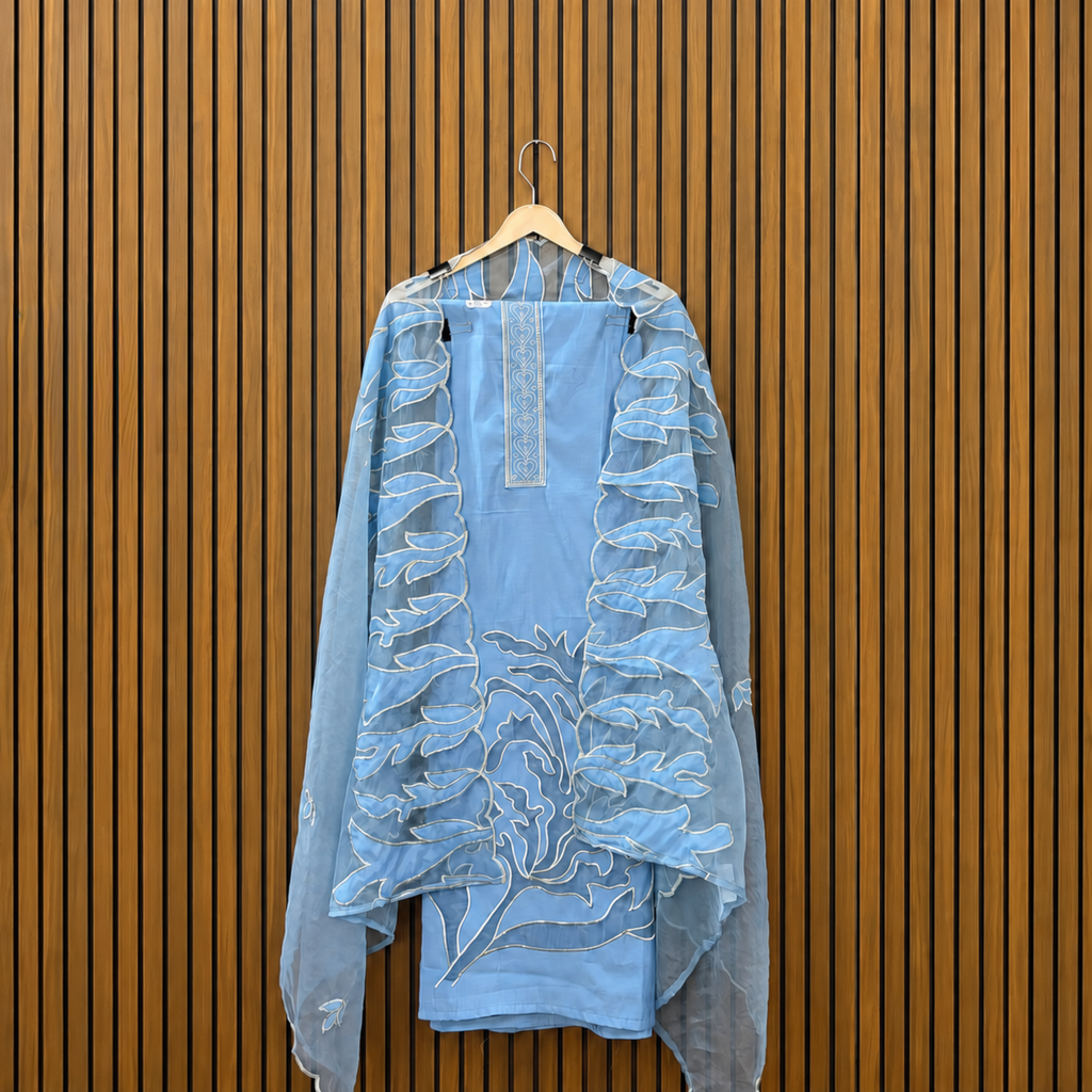 Pure Cotton Suit with Lace Placket & Organza Cutwork Details