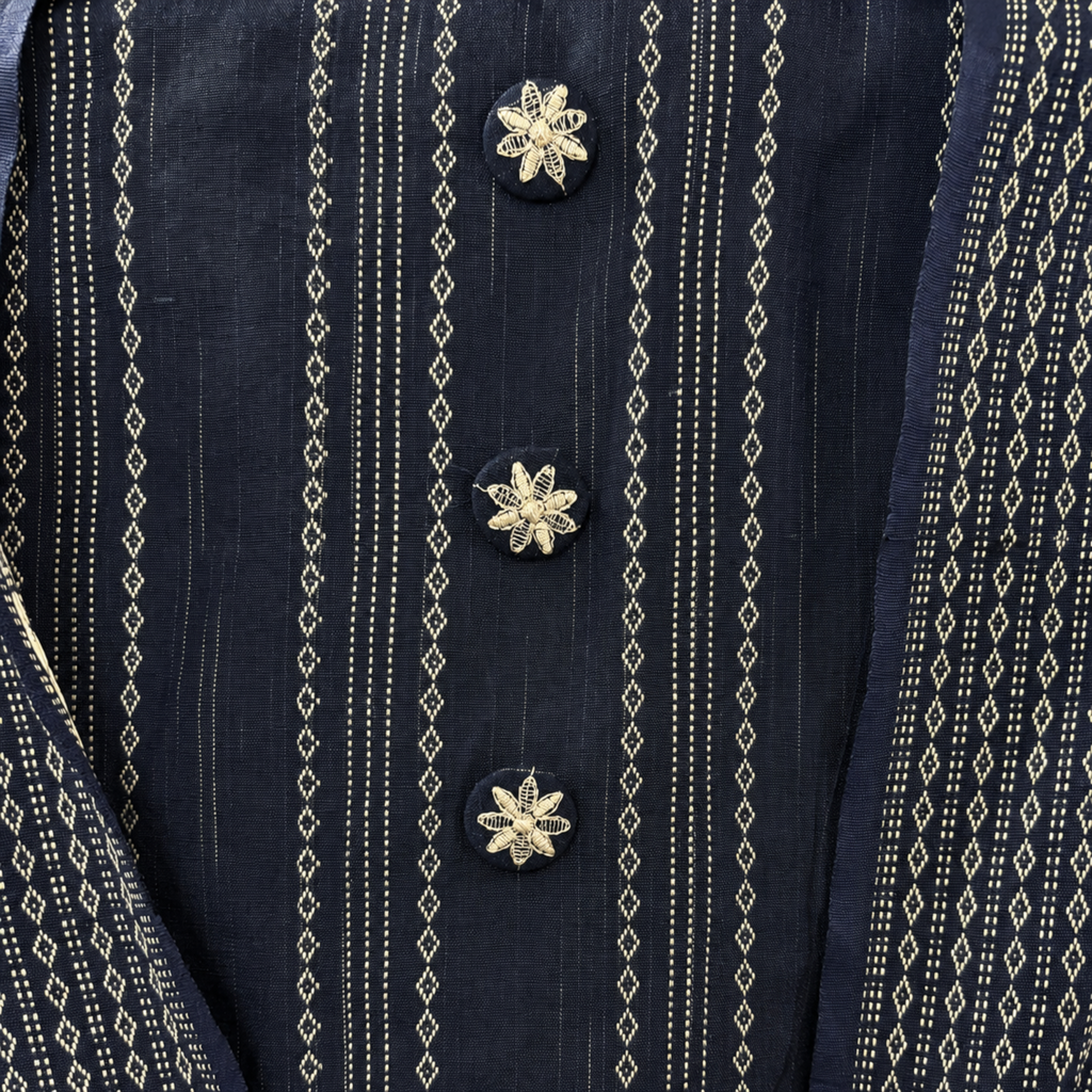 Navy Blue Khadi Cotton Striped Suit with Floral Resham Dupatta