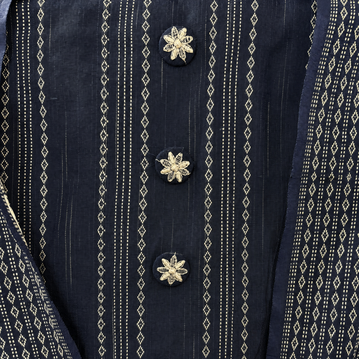 Navy Blue Khadi Cotton Striped Suit with Floral Resham Dupatta