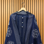 Navy Blue Khadi Cotton Striped Suit with Floral Resham Dupatta