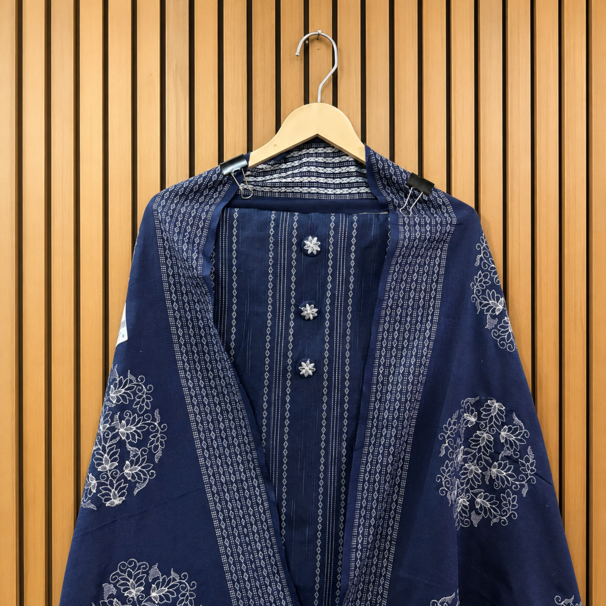 Navy Blue Khadi Cotton Striped Suit with Floral Resham Dupatta