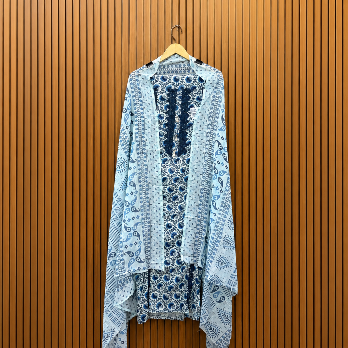 Ocean Breeze: Blue & White Jam Cotton Suit with Intricate Resham Neckline  Product Description