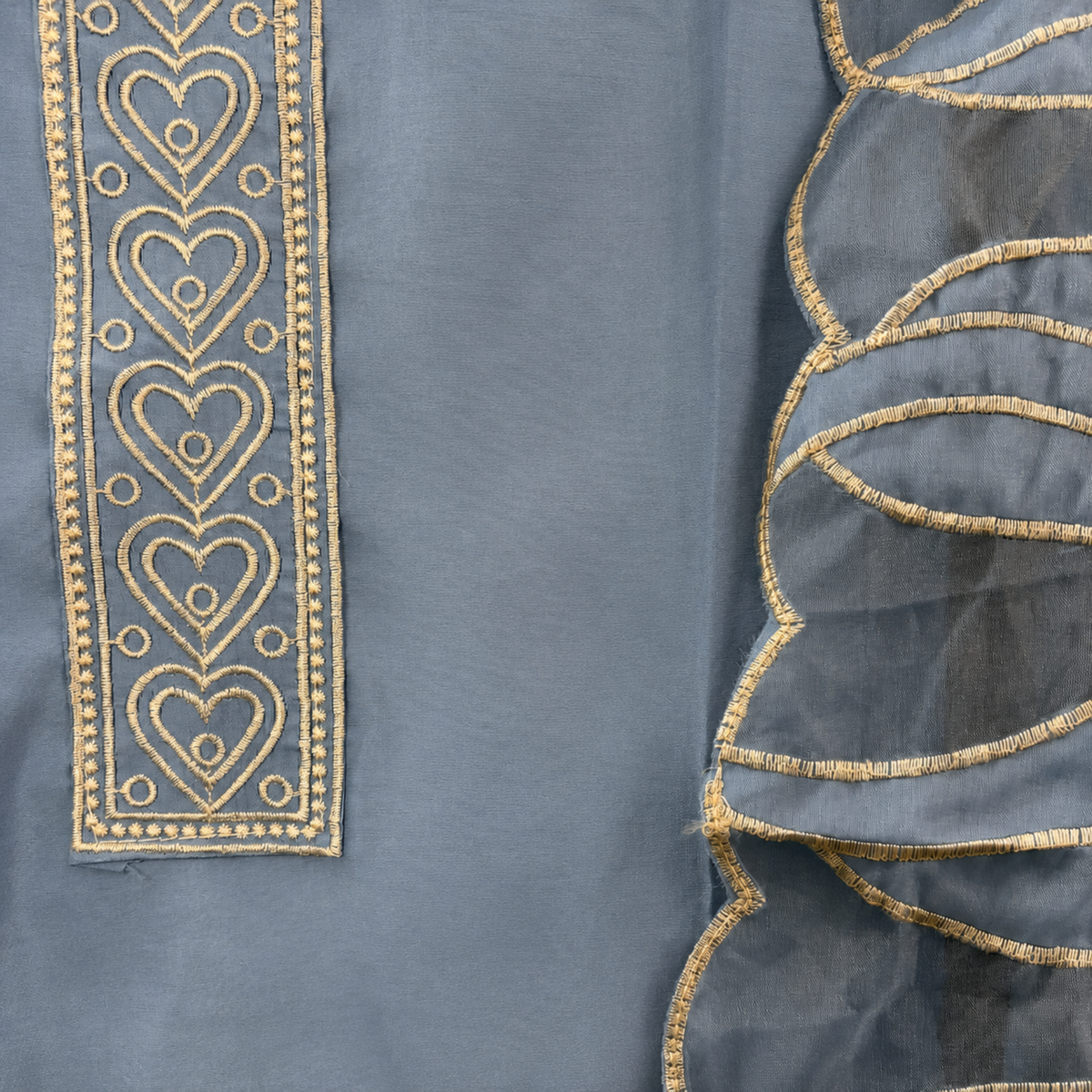 Pure Cotton Suit with Lace Placket & Organza Cutwork Details