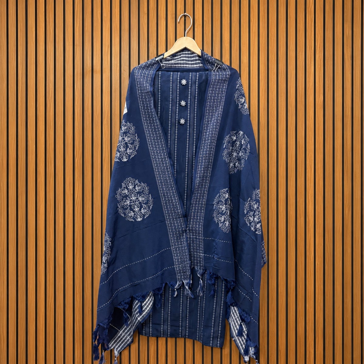 Navy Blue Khadi Cotton Striped Suit with Floral Resham Dupatta