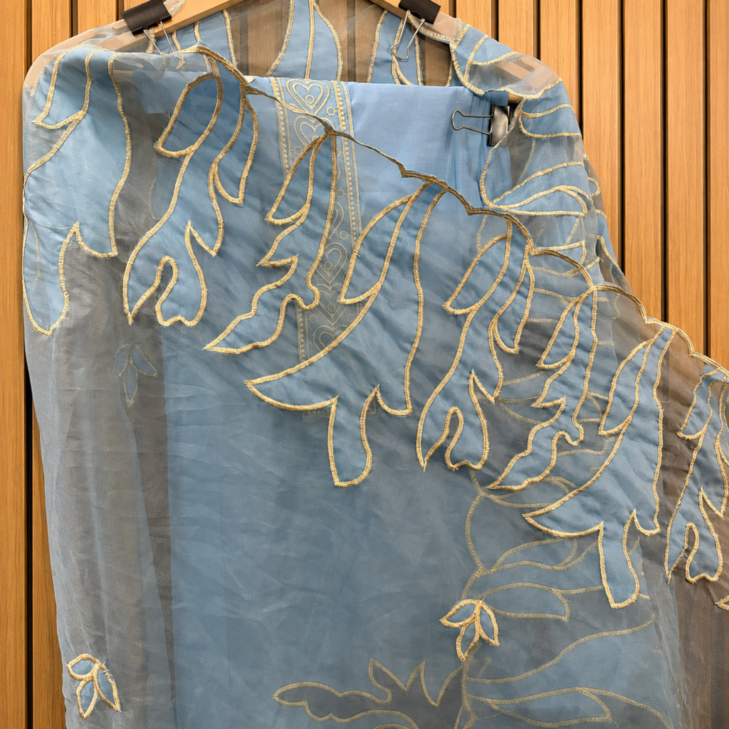 Pure Cotton Suit with Lace Placket & Organza Cutwork Details