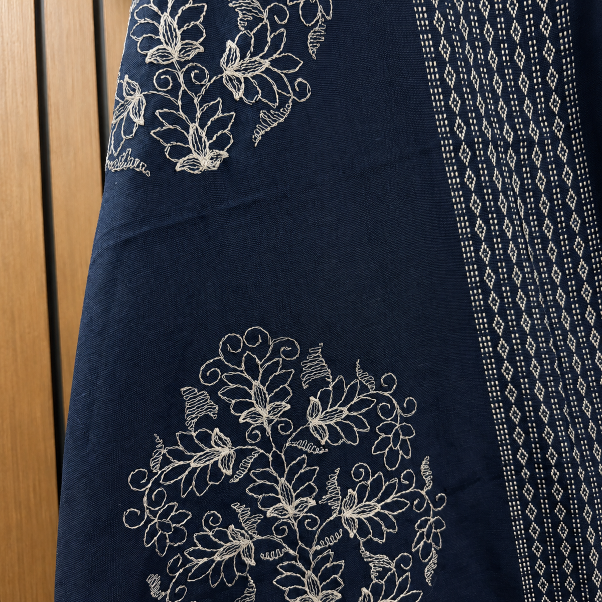 Navy Blue Khadi Cotton Striped Suit with Floral Resham Dupatta