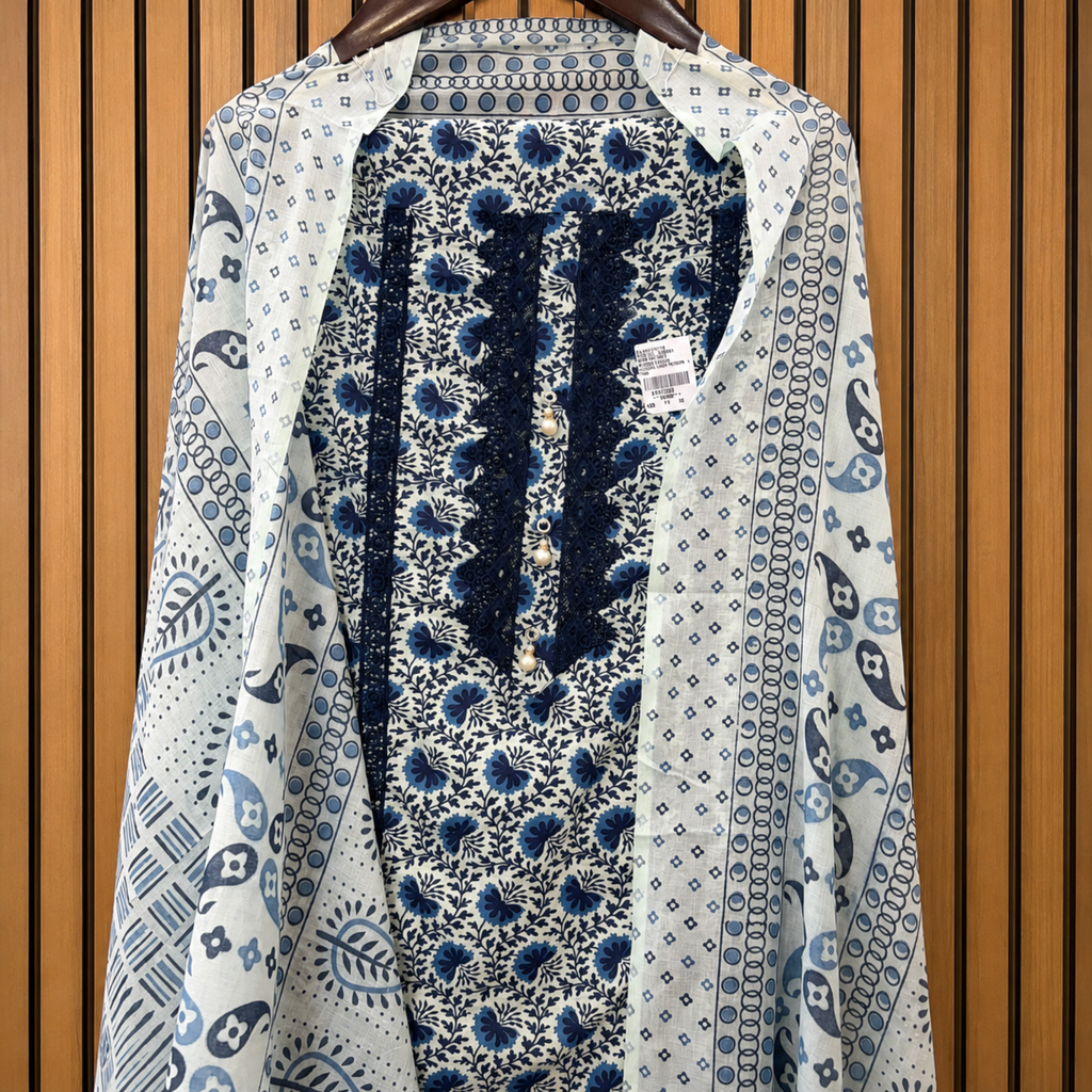Ocean Breeze: Blue & White Jam Cotton Suit with Intricate Resham Neckline  Product Description