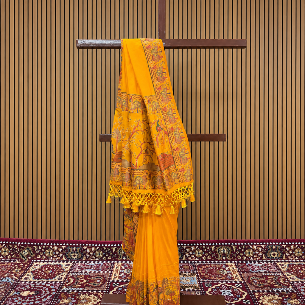 Mustard Honey Yellow Silk Saree with Printed Figure Border & Stone Embellishments