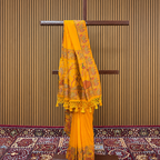 Mustard Honey Yellow Silk Saree with Printed Figure Border & Stone Embellishments