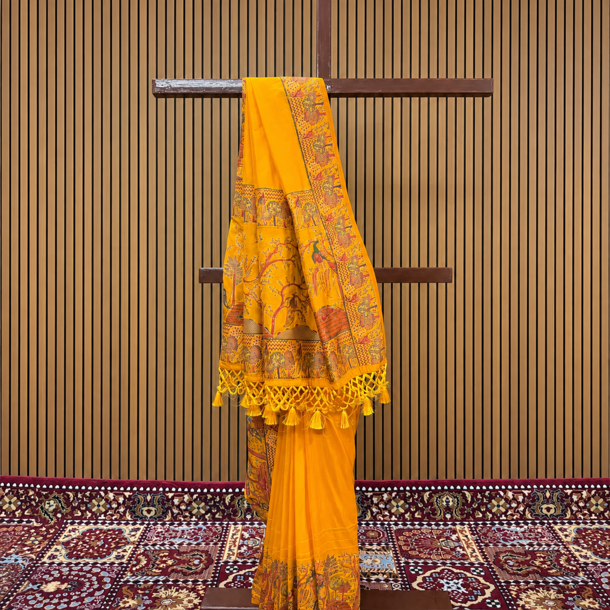 Mustard Honey Yellow Silk Saree with Printed Figure Border & Stone Embellishments