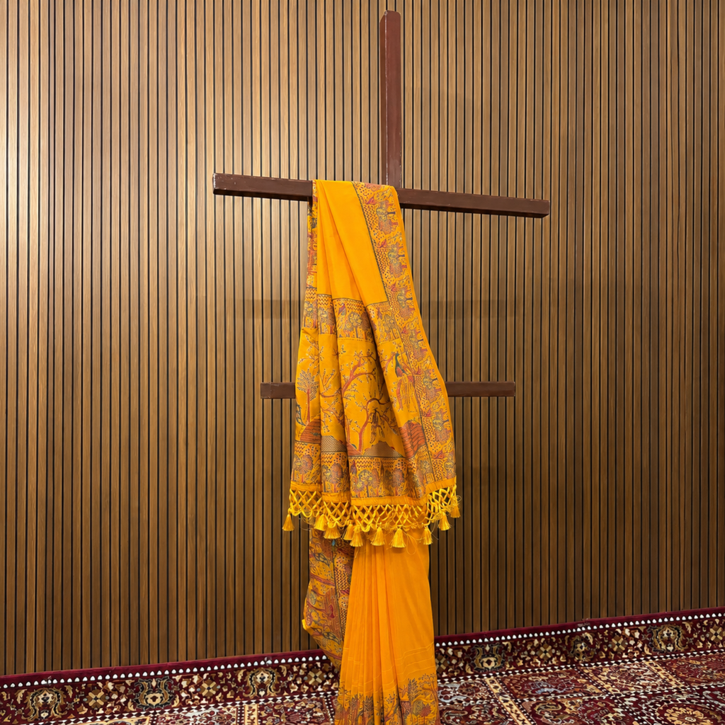 Mustard Honey Yellow Silk Saree with Printed Figure Border & Stone Embellishments