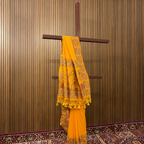 Mustard Honey Yellow Silk Saree with Printed Figure Border & Stone Embellishments