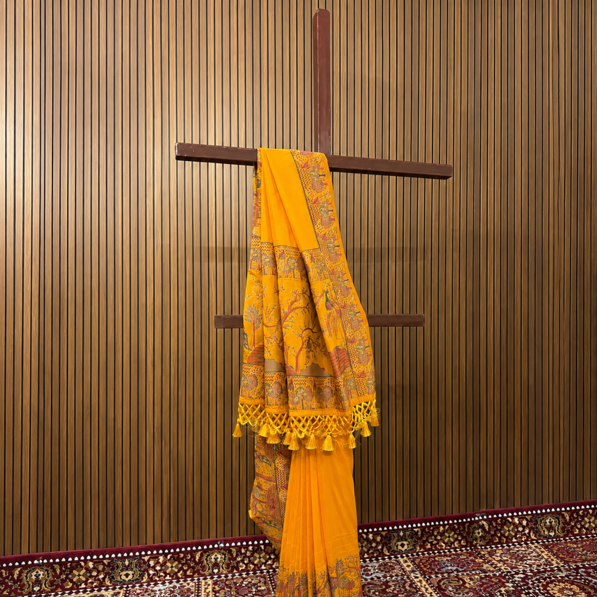 Mustard Honey Yellow Silk Saree with Printed Figure Border & Stone Embellishments