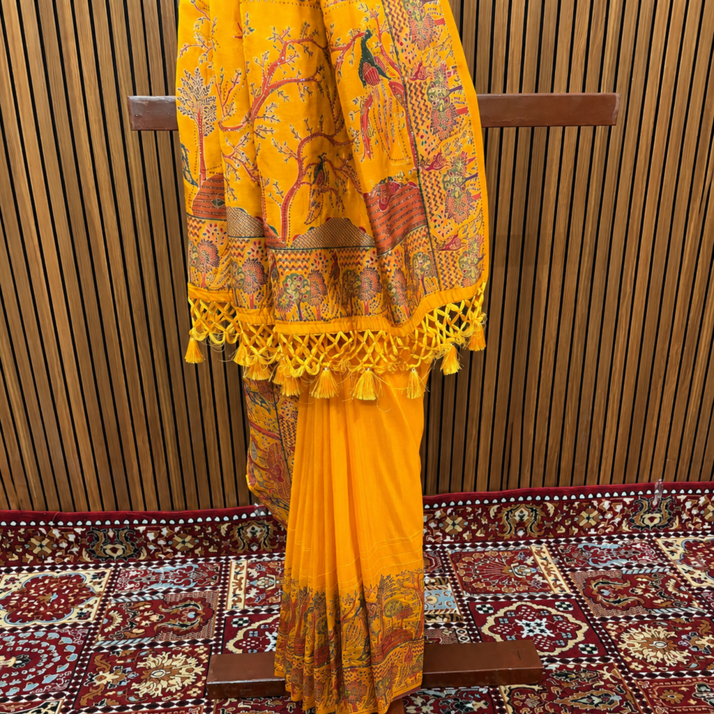 Mustard Honey Yellow Silk Saree with Printed Figure Border & Stone Embellishments