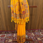 Mustard Honey Yellow Silk Saree with Printed Figure Border & Stone Embellishments