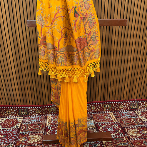 Mustard Honey Yellow Silk Saree with Printed Figure Border & Stone Embellishments