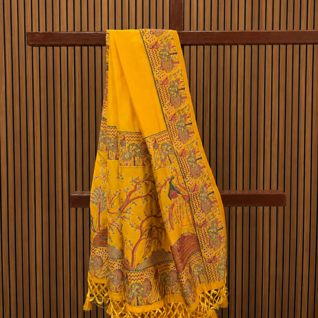 Mustard Honey Yellow Silk Saree with Printed Figure Border & Stone Embellishments