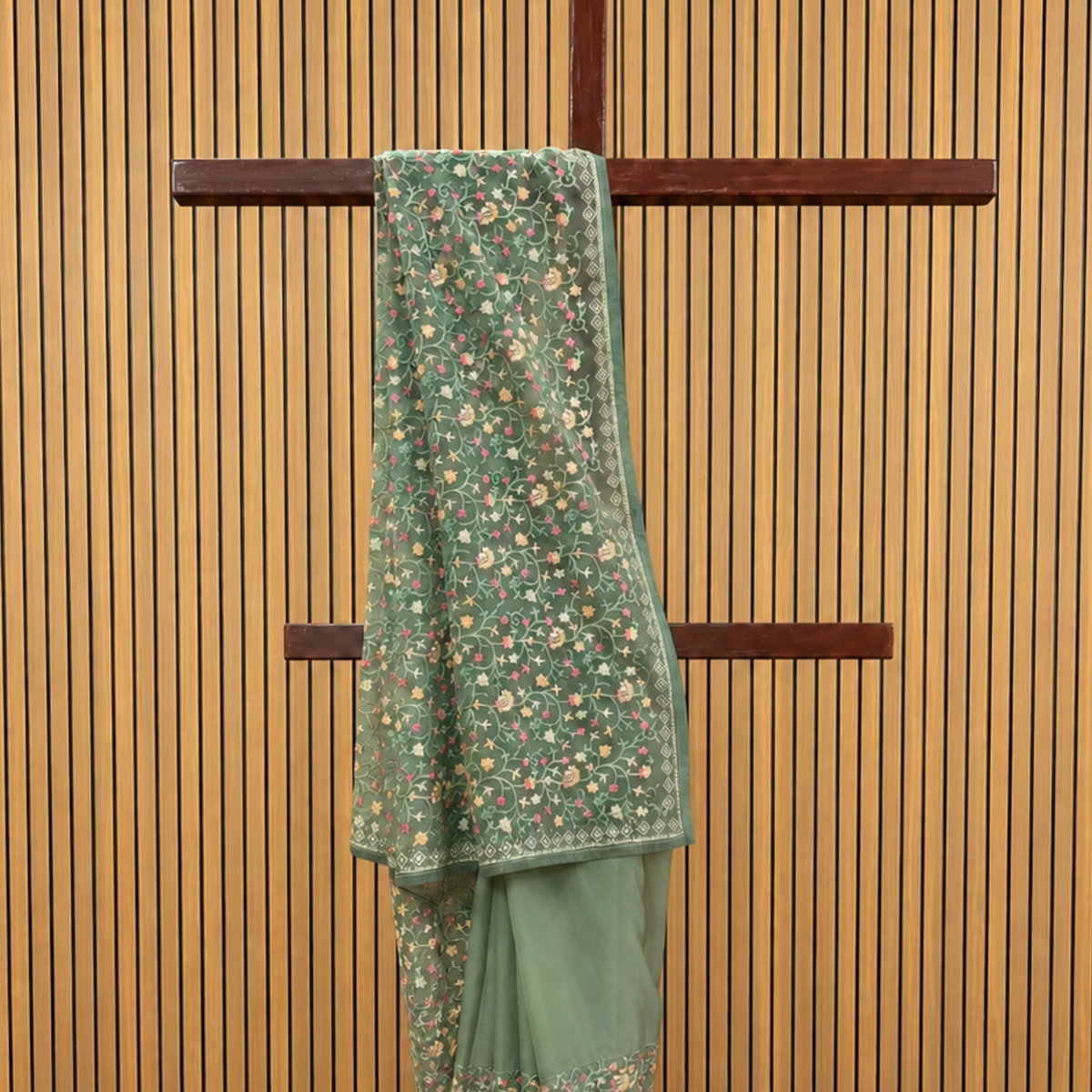 Pista Green Pure Chiffon Saree with Intricate Resham Work