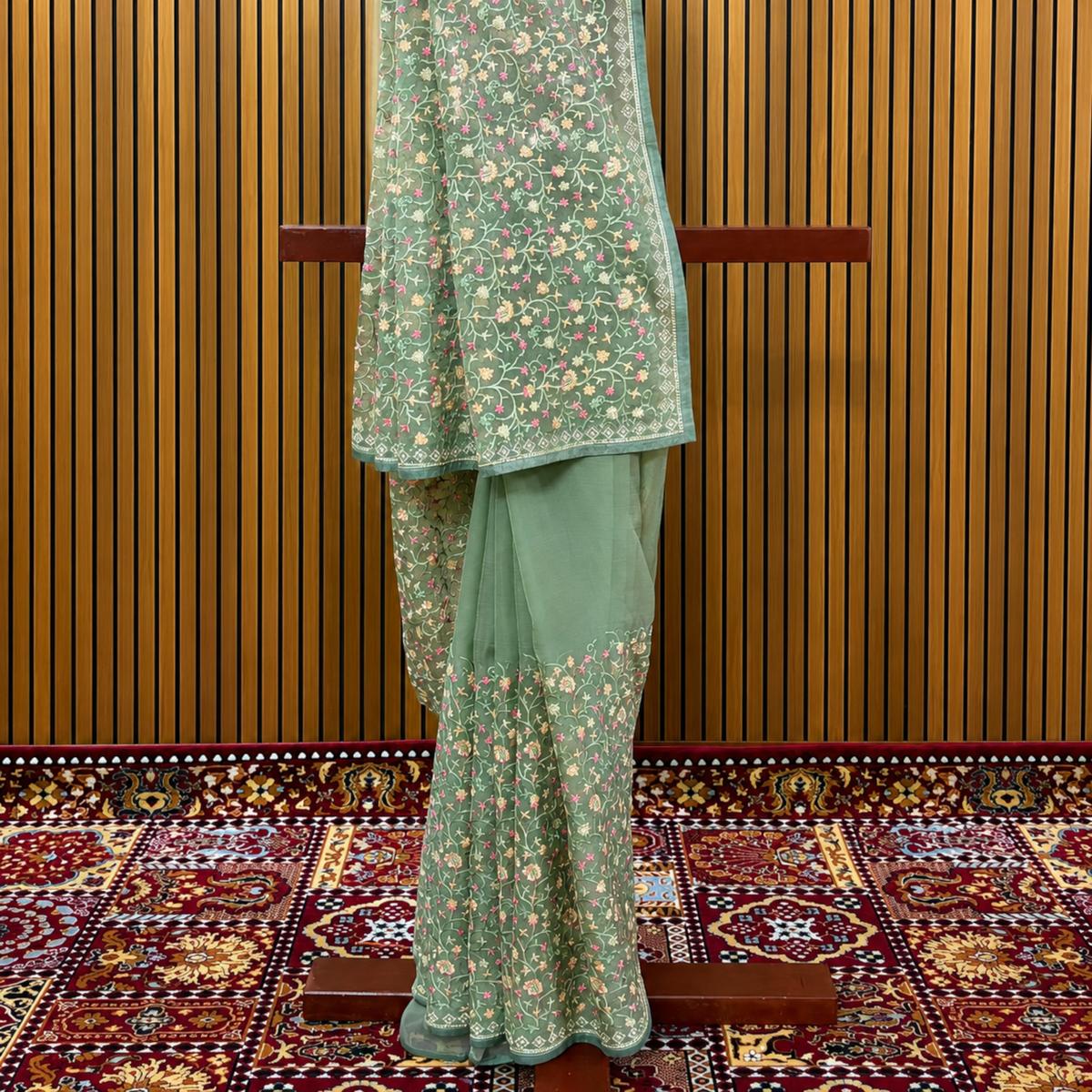 Pista Green Pure Chiffon Saree with Intricate Resham Work