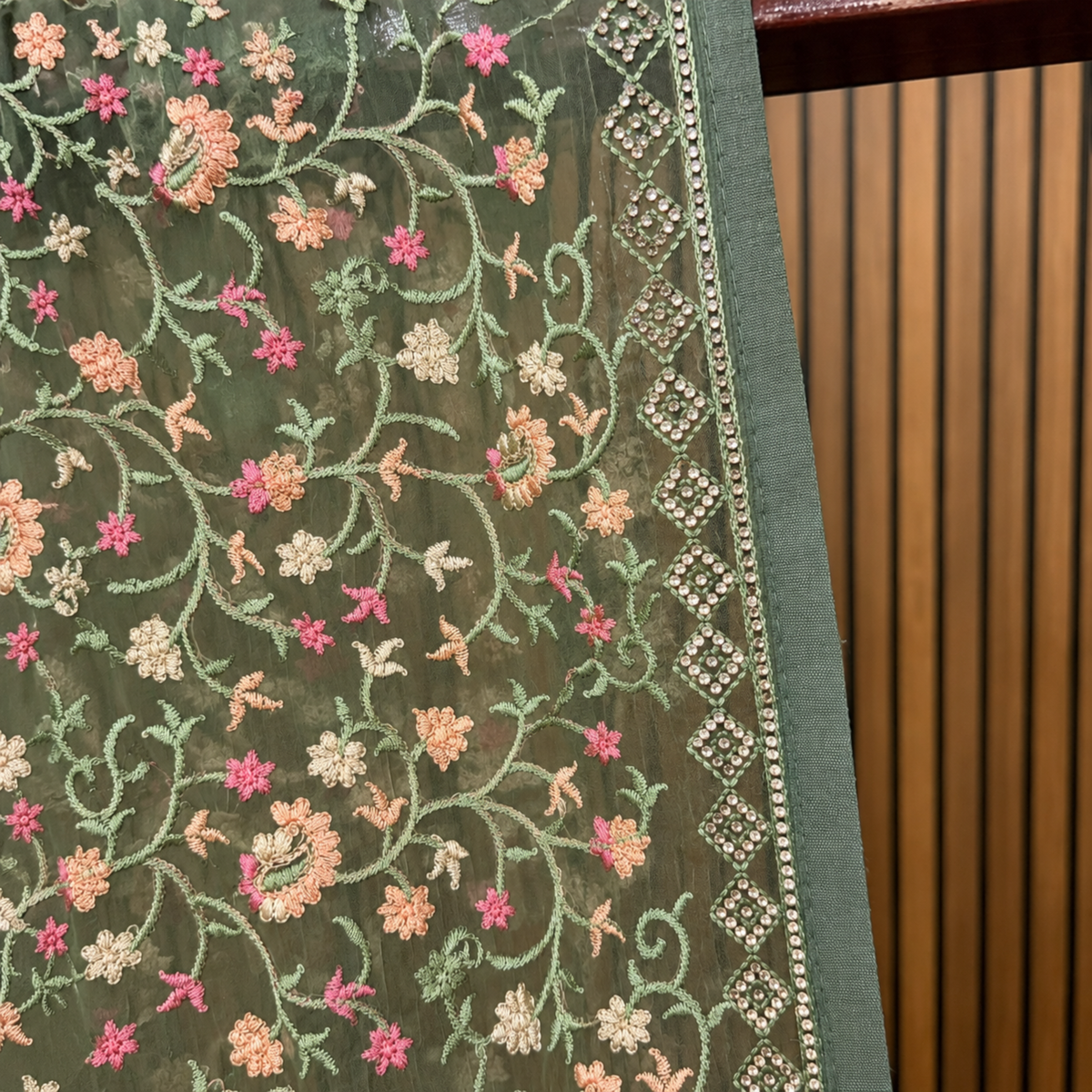 Pista Green Pure Chiffon Saree with Intricate Resham Work