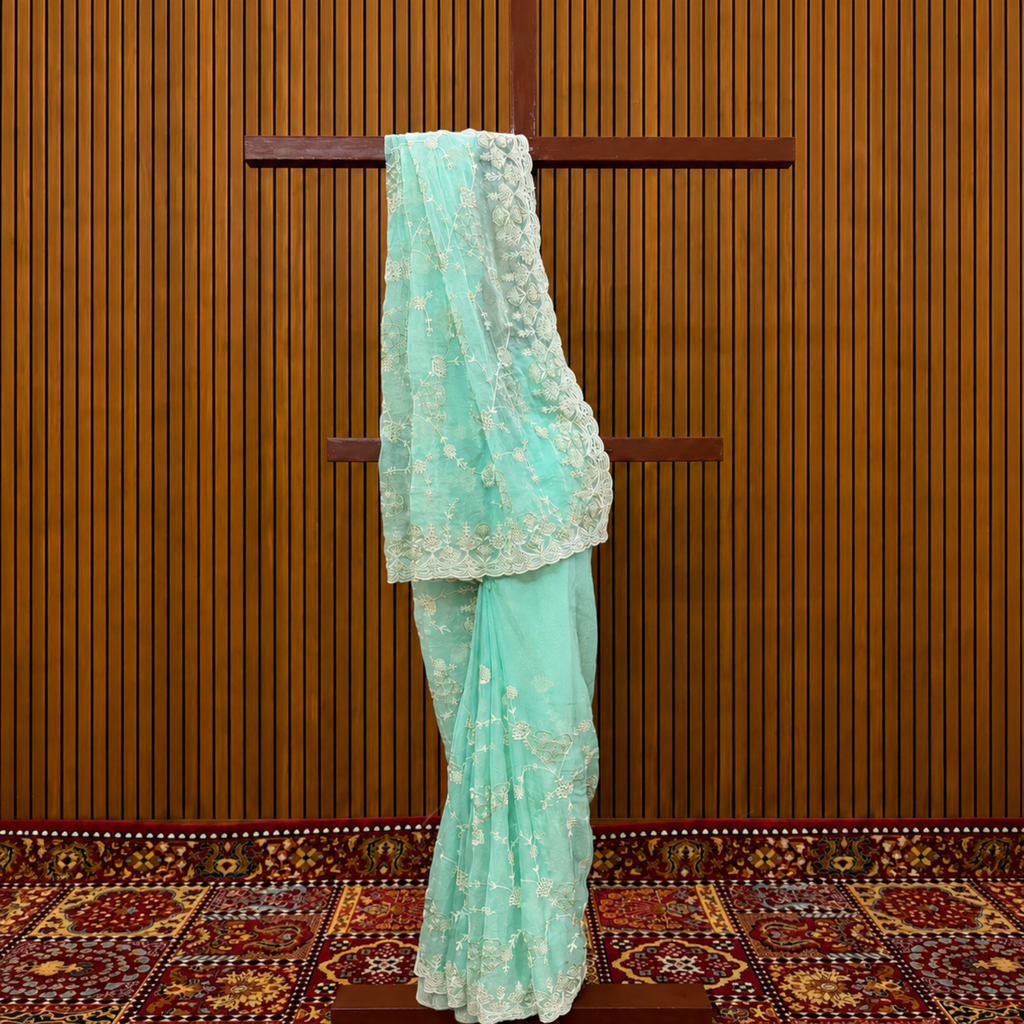 Firozi Aqua Green Chiffon Saree – Resham Thread & Piping Stone Work