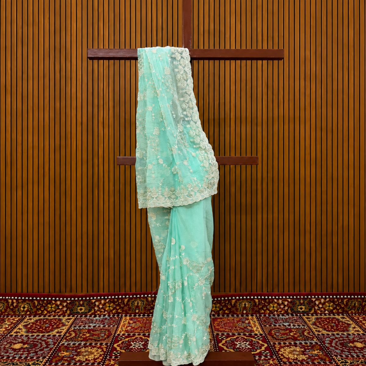Firozi Aqua Green Chiffon Saree – Resham Thread & Piping Stone Work