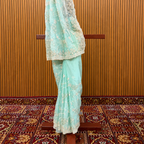 Firozi Aqua Green Chiffon Saree – Resham Thread & Piping Stone Work