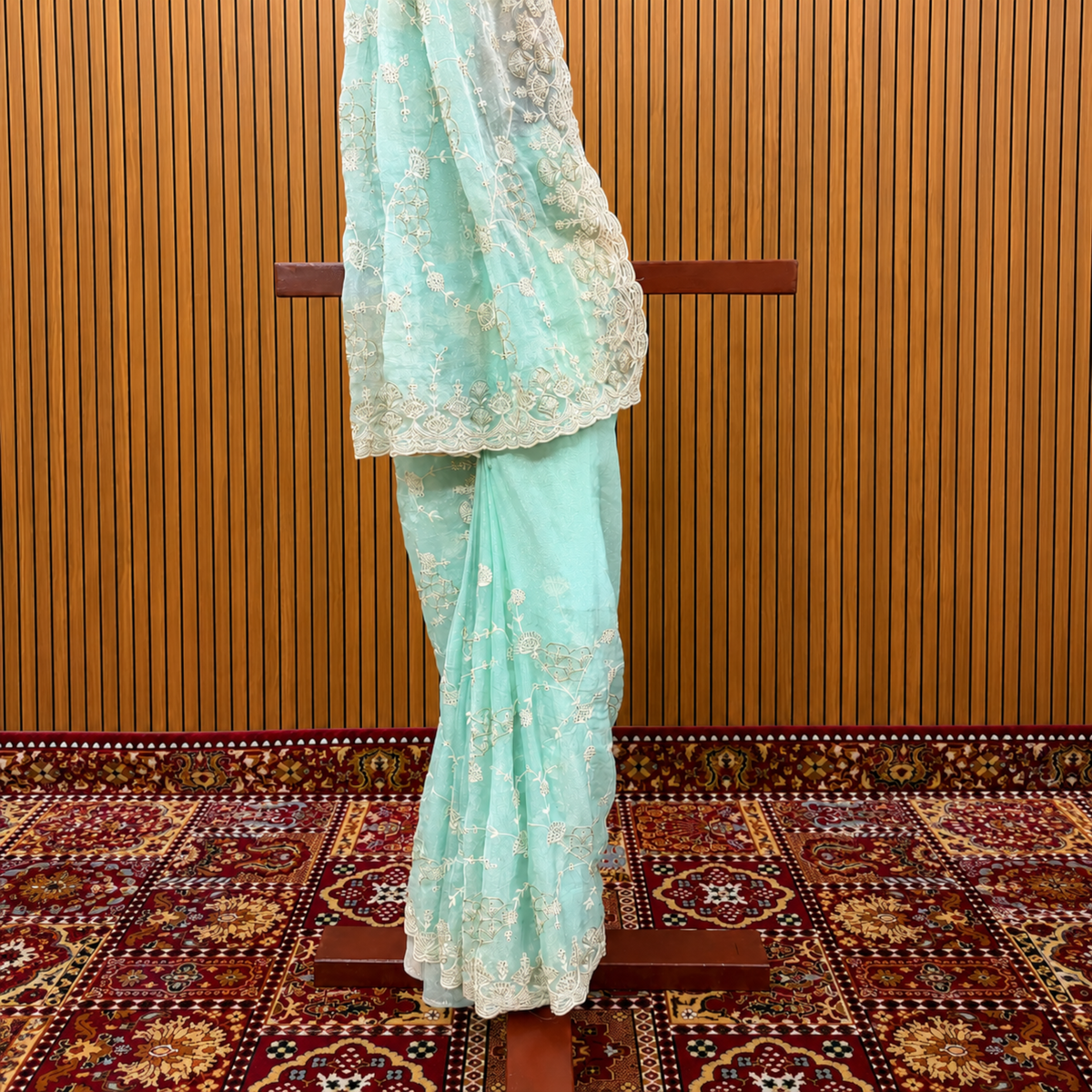Firozi Aqua Green Chiffon Saree – Resham Thread & Piping Stone Work