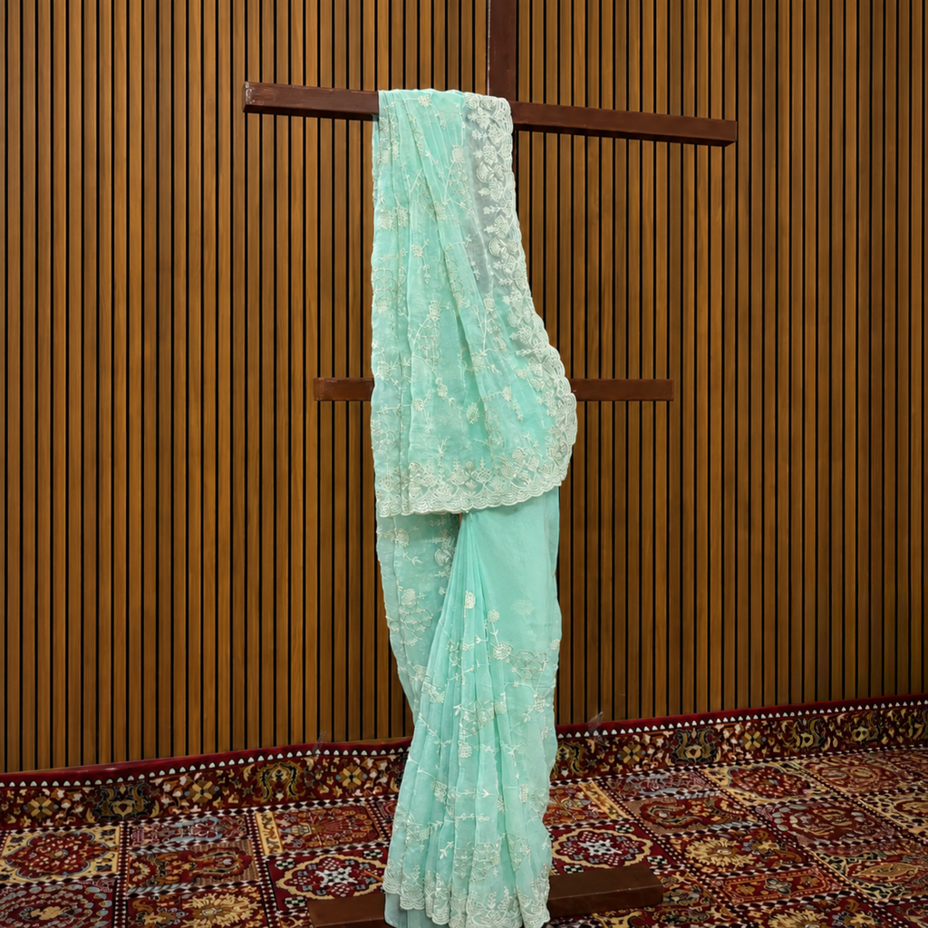 Firozi Aqua Green Chiffon Saree – Resham Thread & Piping Stone Work