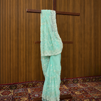 Firozi Aqua Green Chiffon Saree – Resham Thread & Piping Stone Work