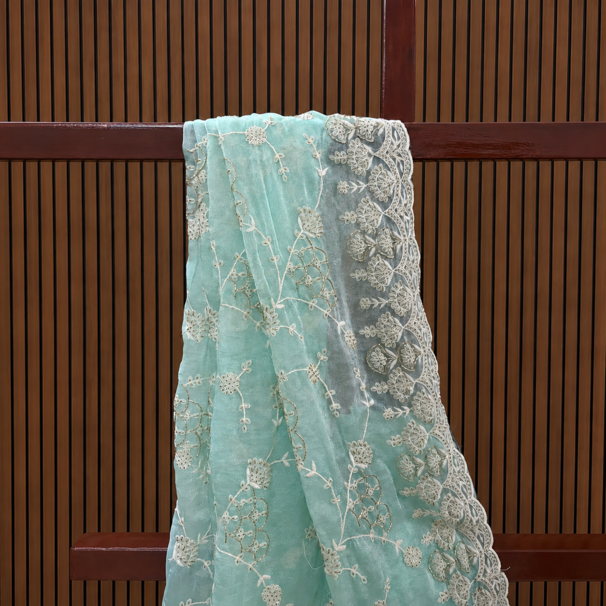 Firozi Aqua Green Chiffon Saree – Resham Thread & Piping Stone Work