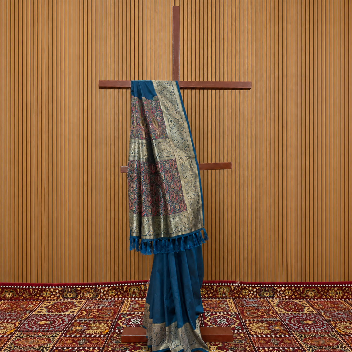 Midnight Elegance: Royal Navy Blue Silk Saree with Figurative Art Pallu